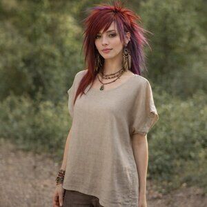 Terzo Millennio Oatmeal Tan Linen Boho High-Low Pullover Size Small